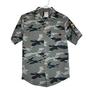 Wrangler Button Front, Boys XXL (18) Green Camo, Arm Patch, Collared, Cotton,EUC